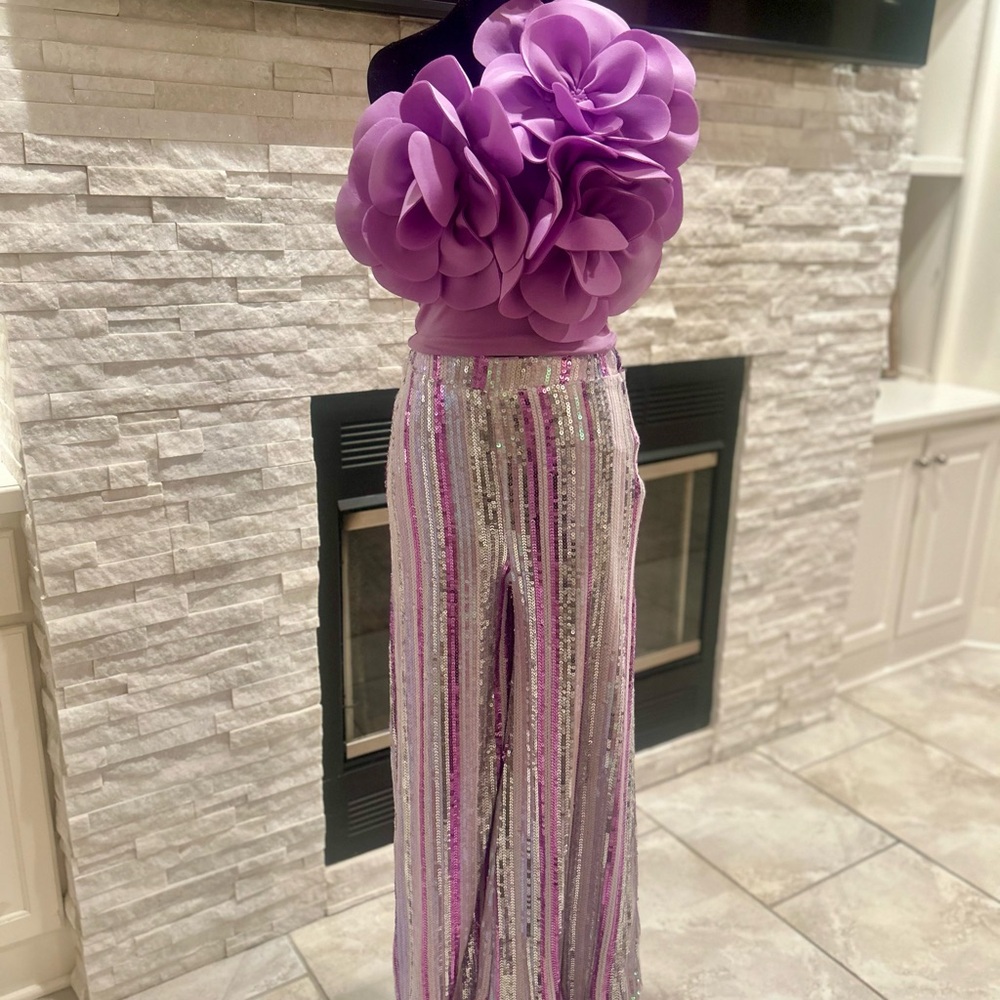 Purple Floral Top with Sequin Striped Pants